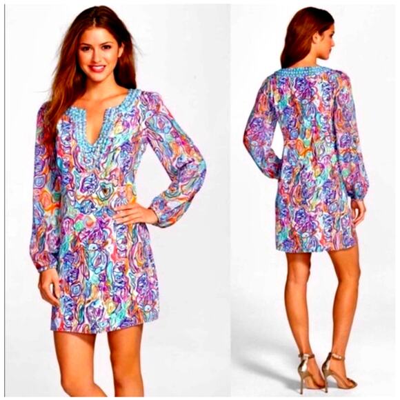 LILLY PULITZER Dress 4 Saemus What A Catch Beaded V-Neck Silk Lined Side Zip - Picture 1 of 16